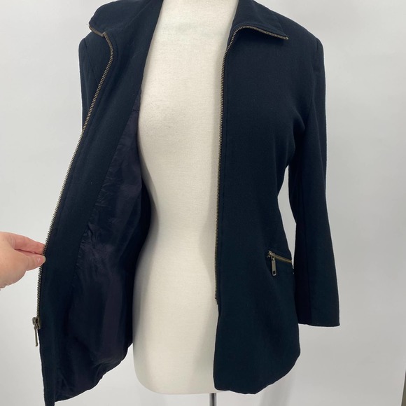 Vintage 90s Henri Bendel Wool Jacket Front Zip Up Collared Black Womens 10 - Picture 6 of 10